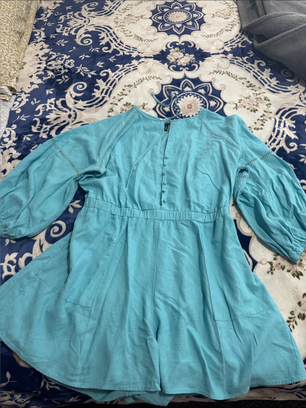 Eloquii Aqua Blue Puff-Sleeve Romper with Button Front